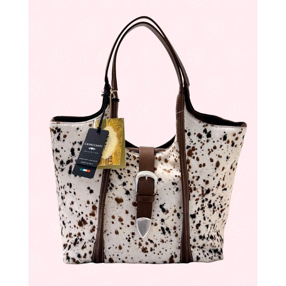 Cavalcanti Italy Cowhide Leather Tote Bag Salt Pepper Hair on Hide Western NWT